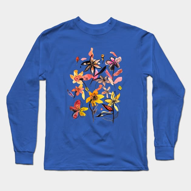 Pocket - Ink Flowers Yellow Long Sleeve T-Shirt by ninoladesign